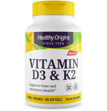 Витамин D3 и К2, Vitamin D3 + K2, Healthy Origins, 180 гелевых капсул