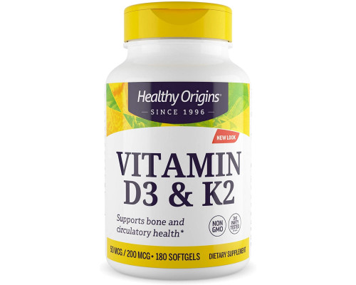 Витамин D3 и К2, Vitamin D3 + K2, Healthy Origins, 180 гелевых капсул