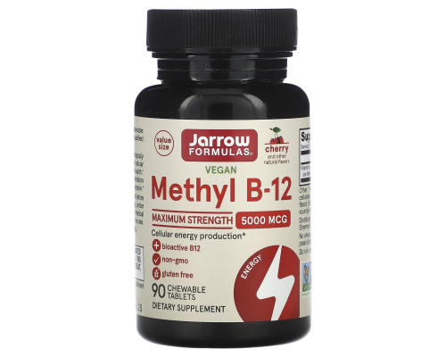 Витамин B-12 метилкобаламин, Methyl B-12, Jarrow Formulas, вкус вишни, 5000 мкг, 90 жевательных таблеток