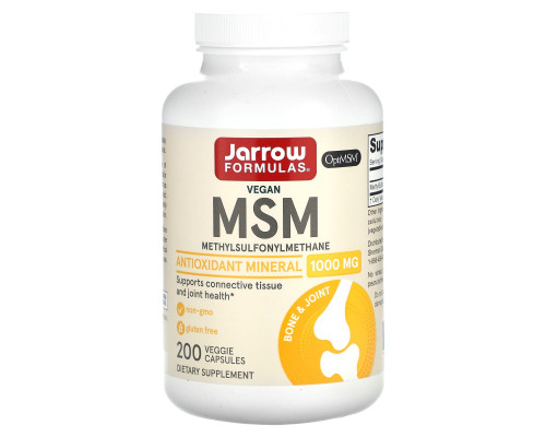 Метилсульфонилметан, MSM, Jarrow Formulas, 1000 мг, 200 вегетарианских капсул