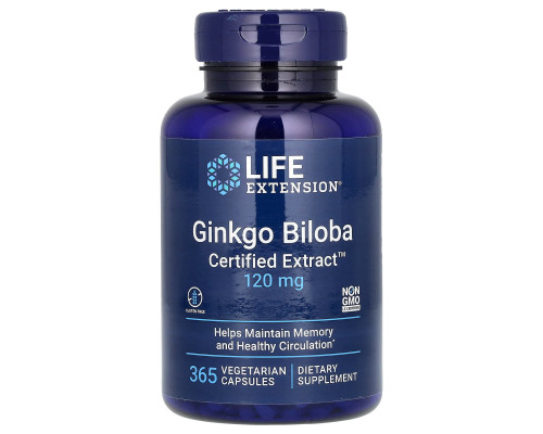 Гінкго Білоба, Ginkgo Biloba, Life Extension, сертифікований екстракт, 120 мг, 365 вегетаріанських капсул
