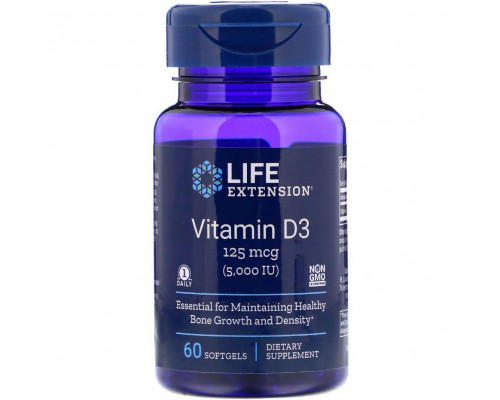 Витамин D-3, Vitamin D3, Life Extension, 5000 МЕ, 60 гелевых капсул