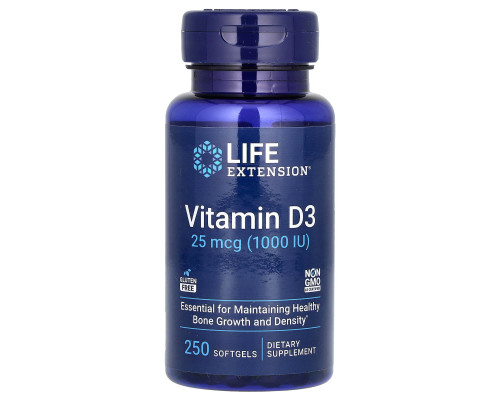 Вітамін D3, Vitamin D3, Life Extension, 25 мкг (1000 МО), 250 гелевих капсул