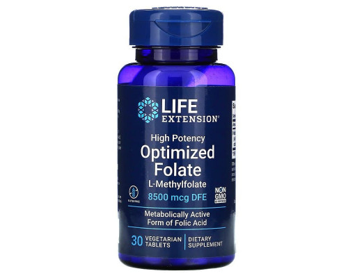Фолат, Optimized Folate, Life Extensions, оптимизированный с высокой эффективностью, 8500 мкг DFE, 30 таблеток