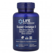 Омега-3, рыбий жир, Super Omega-3, EPA/DHA Fish Oil, Life Extension, лигнаны кунжута и экстракт оливок, 60 гелевых капсул капсул с энтеросолюбильной оболочкой