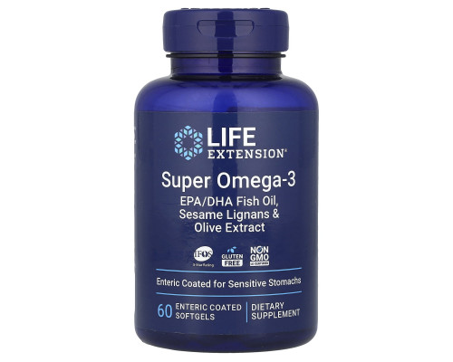 Омега-3, рыбий жир, Super Omega-3, EPA/DHA Fish Oil, Life Extension, лигнаны кунжута и экстракт оливок, 60 гелевых капсул капсул с энтеросолюбильной оболочкой