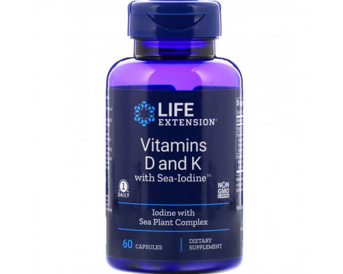 Витамин D и К с йодом, Vitamins D and K with Sea-Iodine, Life Extension, 60 капсул