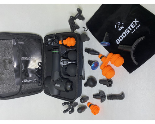 Новинка 2024 року! Перкусійний масажер – 30 швидкостей, 21 насадка, батарея 2500 mAh, кейс (чорний).