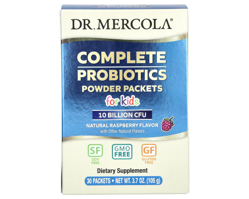 Пробиотики для детей, Complete Probiotics, Dr. Mercola, порошок, 10 млрд КОЕ, вкус малины, 30 пакетов по 3.5 г каждый