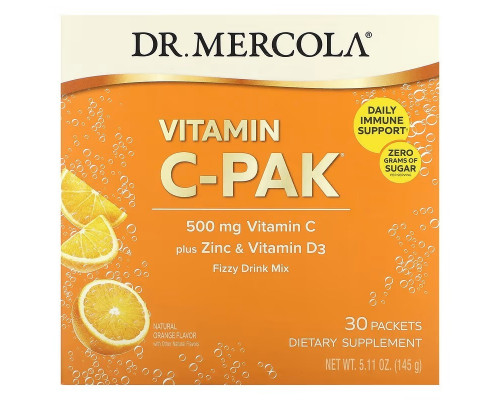 Витамин С + цинк и витамин D3, Vitamin C-PAK, Dr. Mercola, со вкусом апельсина, 500 мг, 30 пакетиков (4.84 г каждый)