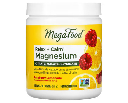 Магний, Relax + Calm Magnesium, MegaFood, малиновый лимонад, 200 г