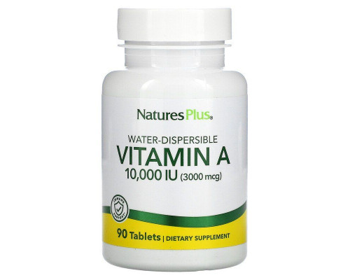 Витамин А, Vitamin A, Nature's Plus, водорастворимый, 10000 МЕ (3000 мкг), 90 таблеток