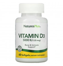 Витамин D3, Vitamin D3, Nature's Plus, 125 мкг (5000 МЕ), 60 гелевых капсул