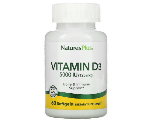 Витамин D3, Vitamin D3, Nature's Plus, 125 мкг (5000 МЕ), 60 гелевых капсул