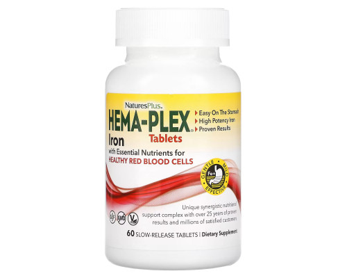 Железо и питательные вещества для здоровья эритроцитов, Iron with Essential Nutrients, Hema-Plex, NaturesPlus, 60 таблеток с замедленным высвобождением