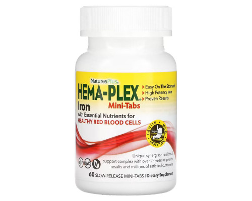 Железо и питательные вещества для здоровья эритроцитов, Iron with Essential Nutrients, Hema-Plex, NaturesPlus, 60 мини-таблеток с замедленным высвобождением