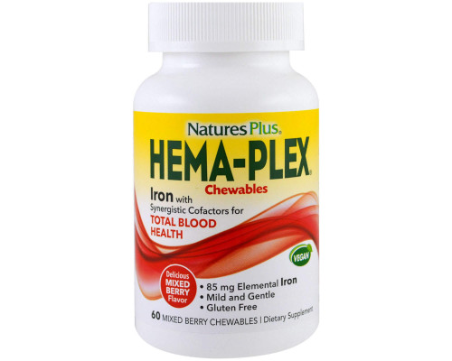 Витаминно-минеральный комплекс с ягодным вкусом, Hema-Plex, Nature's Plus, смесь ягод, 60 жевательных таблеток