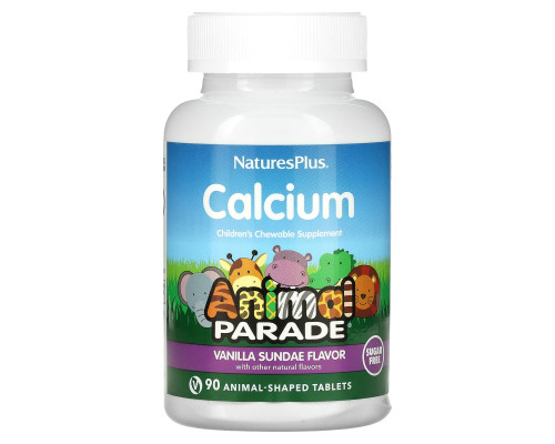 Кальций для детей, Calcium Children’s Chewable, Nature's Plus, Animal Parade, ваниль, без сахара, 90 жевательных таблеток в форме животных