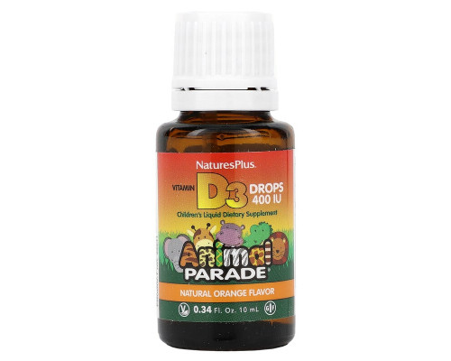 Витамин D3 в каплях, Vitamin D3 Drops, Nature's Plus, Animal Parade, апельсиновый вкус, 400 МЕ, 10 мл