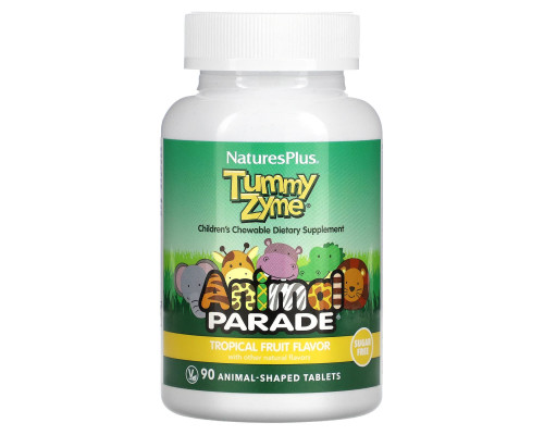 Ферменты с пробиотиками Tummy Zyme, Enzymes & Probiotics, Nature's Plus, Animal Parade, для детей, вкус тропических фруктов, 90 таблеток в форме животных