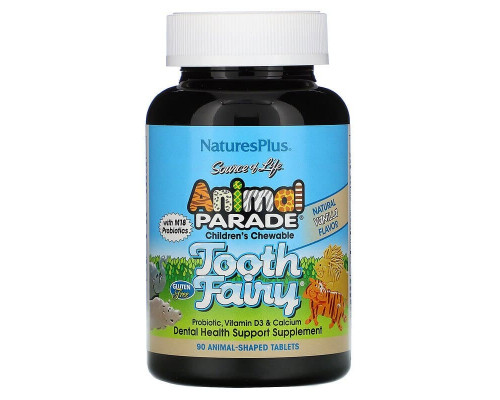 Пробиотики, Tooth Fairy Probiotic, Nature's Plus, Animal Parade, для детей, витамин D3 и кальций, вкус ванили, 90 таблеток в форме животных