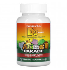 Витамин D-3, Vitamin D 3, Nature's Plus, Animal Parade, вкус черной вишни, 500 МЕ, 90 жевательных конфет