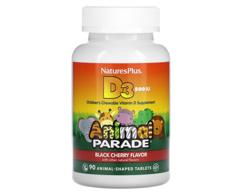 Витамин D-3, Vitamin D 3, Nature's Plus, Animal Parade, вкус черной вишни, 500 МЕ, 90 жевательных конфет