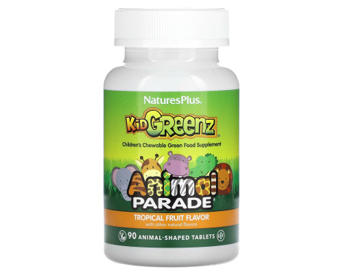 Суперфуд для детей, Kid Greenz, Nature's Plus, Animal Parade, вкус тропических фруктов, 90 жевательных  таблеток в форме животных