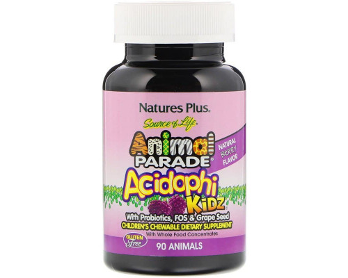 Пробиотики для детей, AcidophiKidz, Nature's Plus, Animal Parade, вишневый вкус, 90 жевательных конфет в форме животных