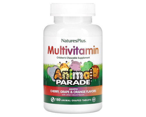 Витамины для детей, Children's Multi-Vitamin, Nature's Plus, Animal Parade, вишня, виноград и апельсин, 180 жевательных таблеток в форме животных