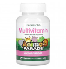 Мультивитамины и минералы для детей, Animal Parade Multivitamin, NaturesPlus, вкус арбуза, 90 жевательных конфет в форме животных