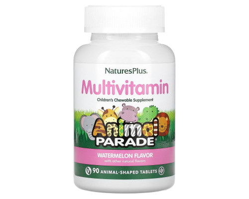 Мультивитамины и минералы для детей, Animal Parade Multivitamin, NaturesPlus, вкус арбуза, 90 жевательных конфет в форме животных