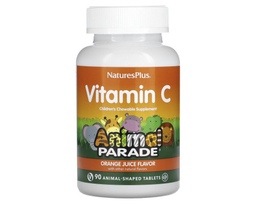 Витамин С, Children's Chewable Vitamin C,  Nature's Plus, Animal Parade, апельсиновый вкус, 90 жевательных конфет