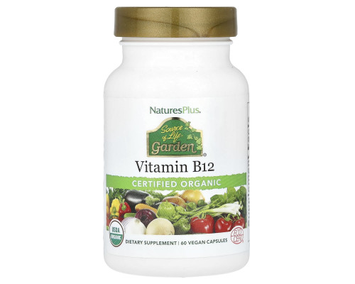 Витамин В-12, Vitamin B12, Nature's Plus, Source of Life Garden, органик, 60 веганских капсул