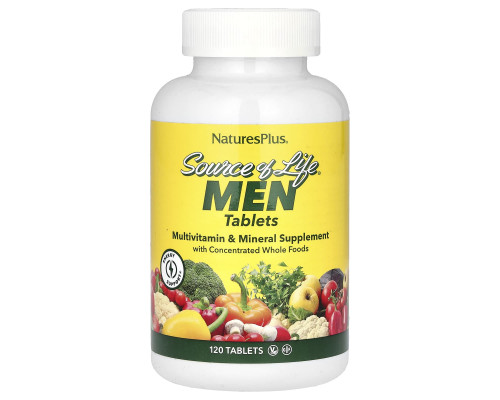 Мультивитамины и минерали для мужчин,  Source of Life Men, Nature's Plus, Source of Life Men,  с концентрированными цельными продуктами, без железа, 120 таблеток