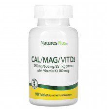 Кальций, магний, витамин D3 с витамином K2, Cal/Mag/Vit D3 with Vitamin K2, NaturesPlus, 90 таблеток