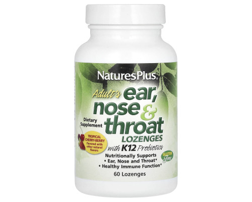 Ухо, Горло, Нос,Adult's Ear, Nose & Throat Lozenges with K12 Probiotic, Nature's Plus, для взрослых, вкус  тропическая вишня-ягода, 60 леденцов