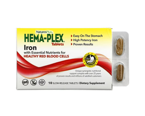 Железо и питательные вещества для здоровья эритроцитов, Iron with Essential Nutrients, Hema-Plex, NaturesPlus, 10 таблеток с замедленным высвобождением