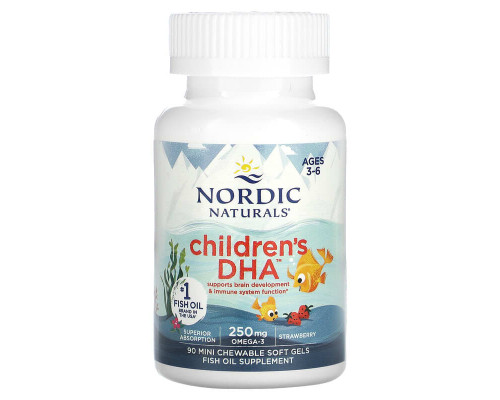 Рыбий жир для детей, Children's DHA, Nordic Naturals, возраст 3-6 лет, клубника, 90 мини-жевательных гелевых капсул