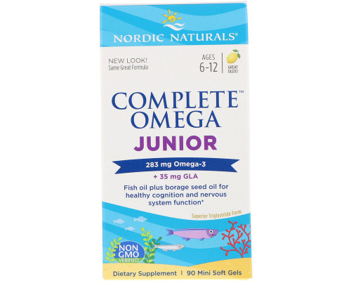 Рыбий жир для подростков, Complete Omega Junior, Nordic Naturals, от 6 до 12 лет, лимон, 283 мг, 90 мини капсул