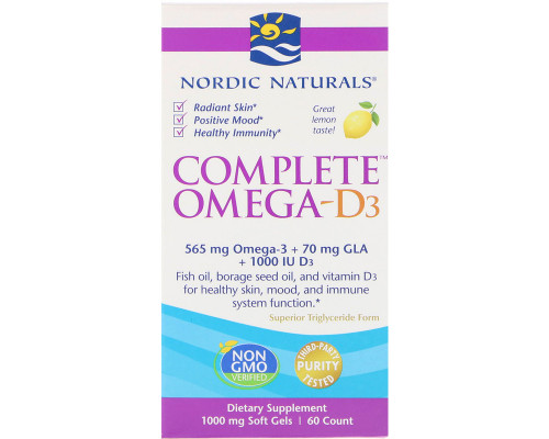 Омега 3 6 9 + D3, Complete Omega-D3, Nordic Naturals, 1000 мг, 60 капсул