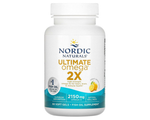 Омега 2х, лимонный вкус, Ultimate Omega 2x, Nordic Naturals, 60 капсул