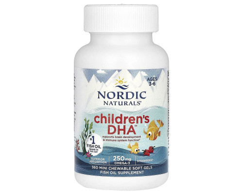 Рыбий жир для детей, Children's DHA, Nordic Naturals, возраст 3-6 лет, клубника, 360 мини-жевательных мягких гелей