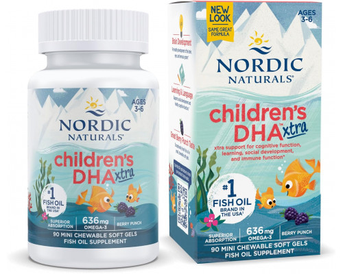 Омега-3, ДГК и ЭПК для детей 3-6 лет, DHA Xtra, Nordic Naturals, вкус ягод, 636 мг, 90 гелевых мини капсул