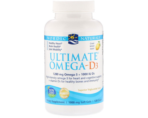 Рыбий жир омега-D3 (лимон), Ultimate Omega-D3, Nordic Naturals, 1000 мг, 120 гелевых капсул