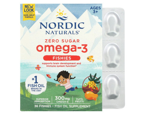 Рыбий жир для детей, Nordic Omega-3 Fishies, Nordic Naturals, фрукты, 300 мг, 36 желе