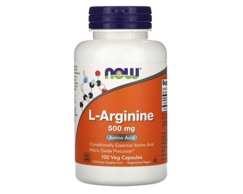 L-аргинин, L-Arginine, Now Foods, 500 мг, 100 вегетарианских капсул