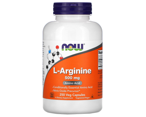 L-аргинин, L-Arginine, Now Foods, 500 мг, 250 вегетарианских капсул