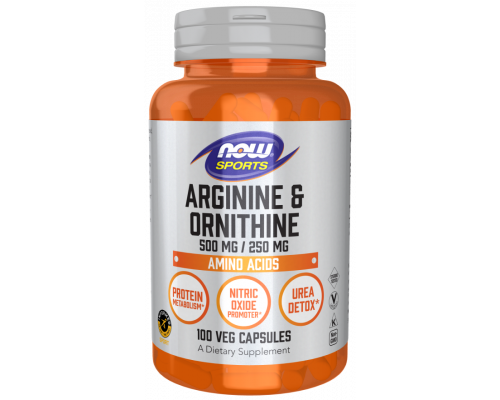 Аргинин и орнитин, Arginine & Ornithine, NOW Foods, Sports, 500 мг/250 мг, 100 вегетарианских капсул