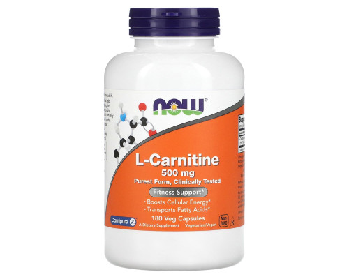 L-карнитин, L-Carnitine, Now Foods, 500 мг, 180 вегетарианских капсул
